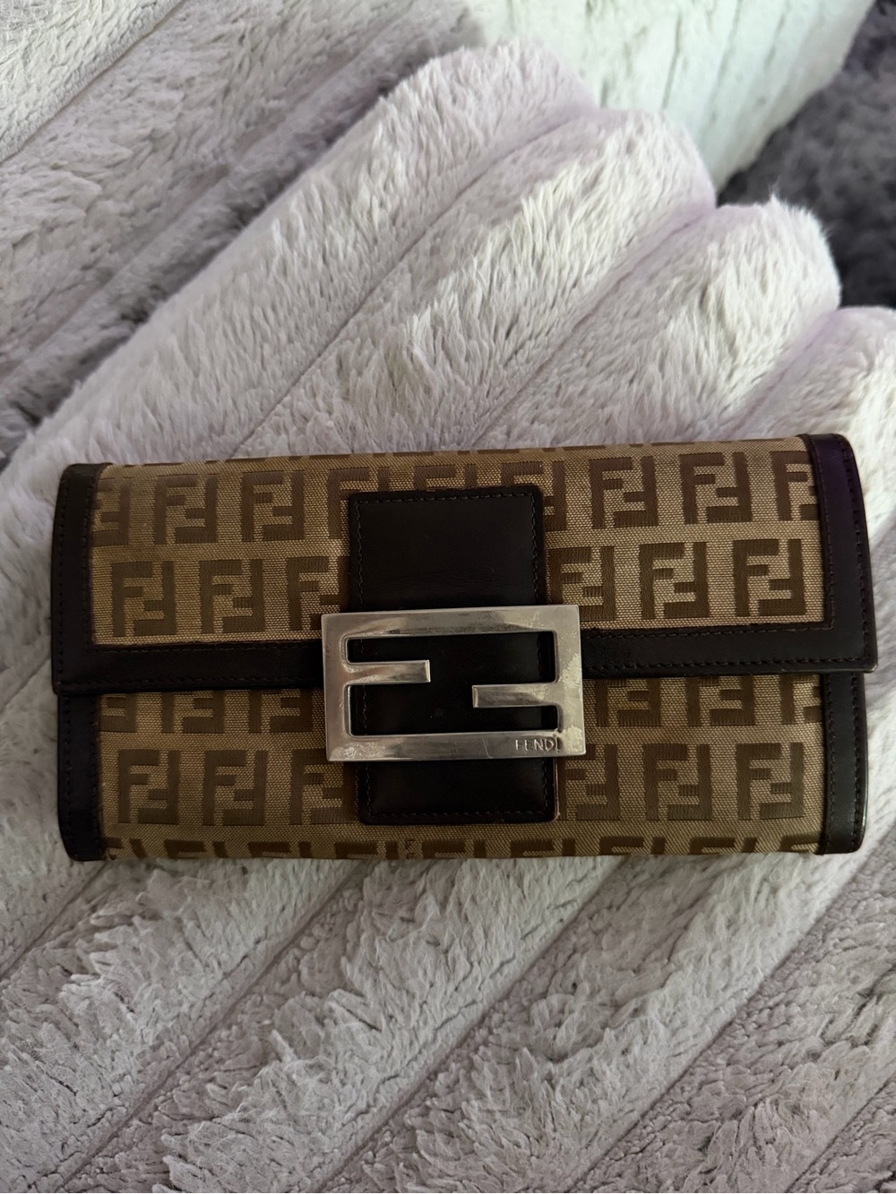 Fendi Beige Brown Monogram Continental Wallet with Silver FF Buckle